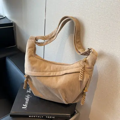 Women's Beige Ribbed Shoulder Bag with Tassel