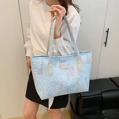 Women's Light Blue Embroidered Tote Bag Large Capacity