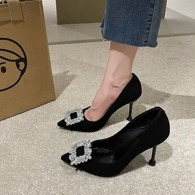 Black Square Buckle Rhinestone High Heels for Women