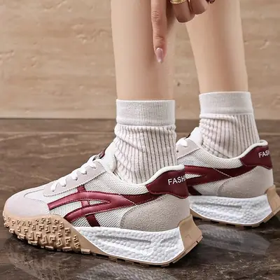 Women's White Maroon Training Sneakers with Thick Soles