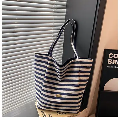 Striped Canvas Tote Bag Large Capacity Navy White
