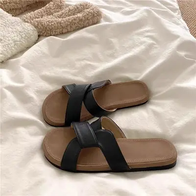 Women Cross Strap Flat Sandals Black Summer