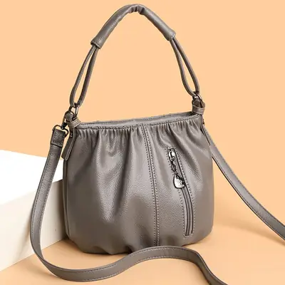 Grey Textured Leather Crossbody Bag for Women