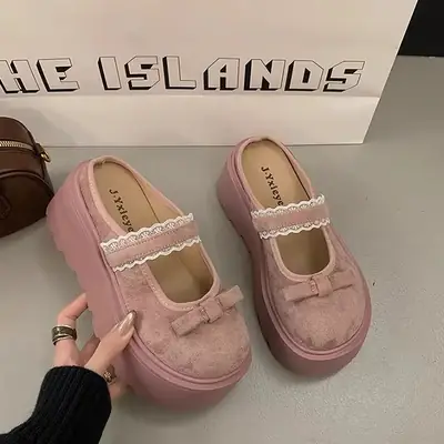 Pink Bow Sandals with Thick Platform Heel for Women