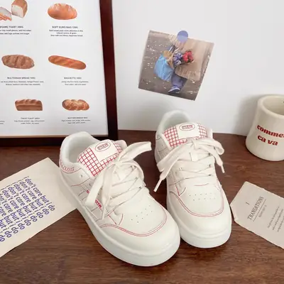 Women White Casual Sneakers with Red Grid Design