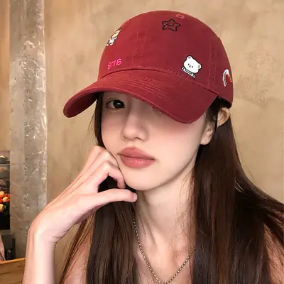 Women Red Bear Embroidered Baseball Cap Summer Sunscreen