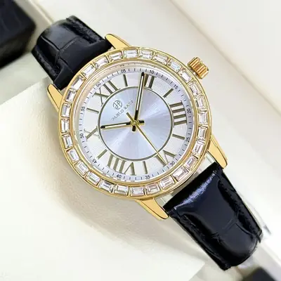 Gold Square Diamond Women's Watch with Black Leather Strap