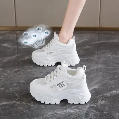 Women's White Mesh Breathable Thick Sole Sports Shoes
