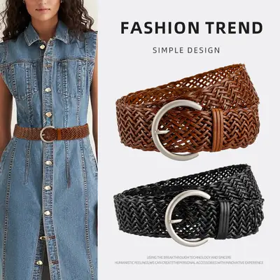 Black Woven Wide Belt for Women Ethnic Style