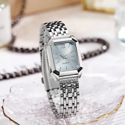 Women's Square Quartz Watch with Silver Steel Band