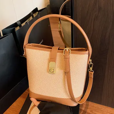 Women's Beige Mesh Crossbody Bag with Leather Strap