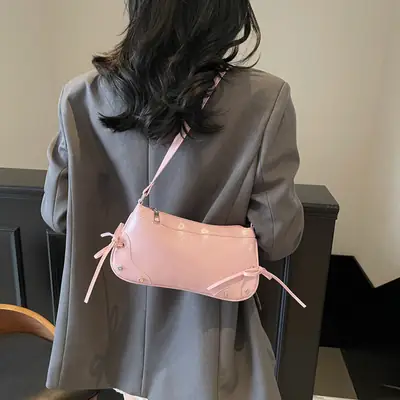 Pink Underarm Bag for Women, Small, Double Bow, Leather Feel