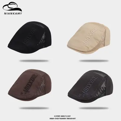 Summer Thin Mesh Beret Forward Hat with Letter Embroidery