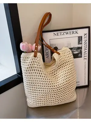 Women Cross Stitch Straw Woven Tote Bag Beige 2024