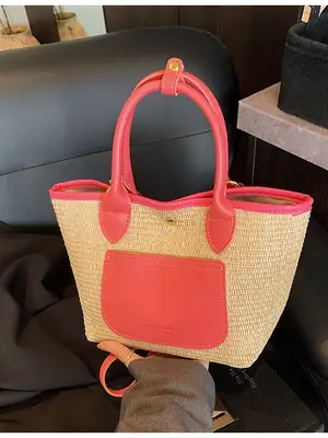 Women Crossbody Straw Tote Bag Red Orange 2026