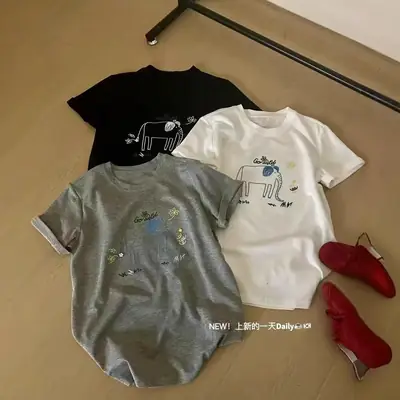 Elephant Print T-Shirt Grey Cotton Spring Summer Wear