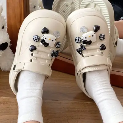 Women Black EVA Heart Button Sandals Summer