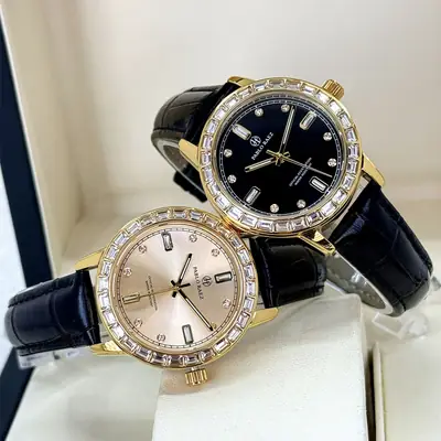 Gold Diamond Watch for Women Black Strap Luxury Fashion