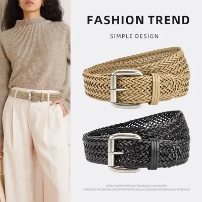Black Woven Women's Belt with Buckle