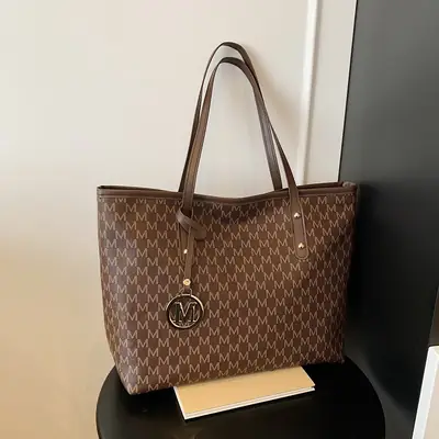 Trendy Women's Brown Monogram Tote Bag Large Capacity