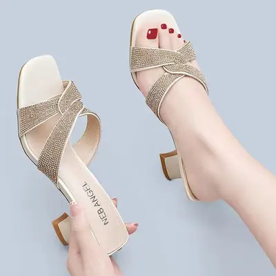 Women Rhinestone Mid Heel Sandals 2025 Summer