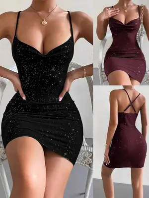 Women's Maroon Sequin Cross Strap Dress