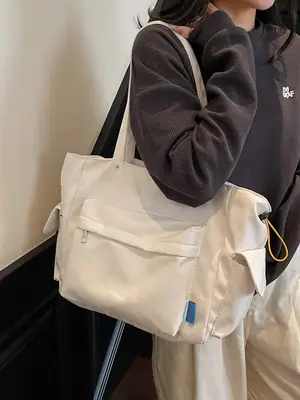 White Canvas Multi-Pocket Shoulder Bag Large Capacity
