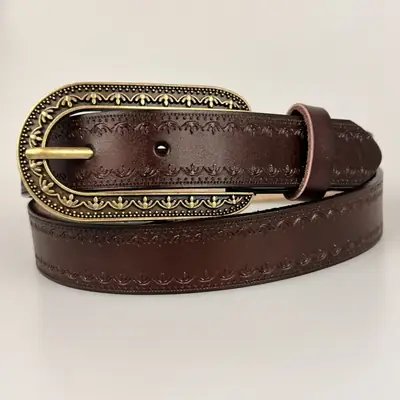 Red Distressed Leather Belt with Gold Buckle