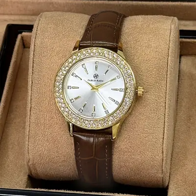 Gold Diamond Women's Quartz Watch with Brown Leather Strap