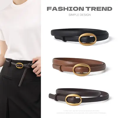 Women's Black Genuine Leather Belt with Gold Buckle