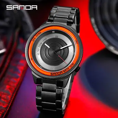 Sanda Men's Black Steel Strap Quartz Watch