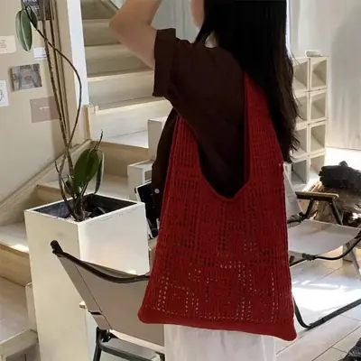 Red Knitted Hollow Shoulder Bag for Women