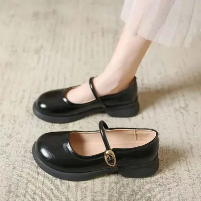 Women's Black Mary French Shoes with Gold Buckle