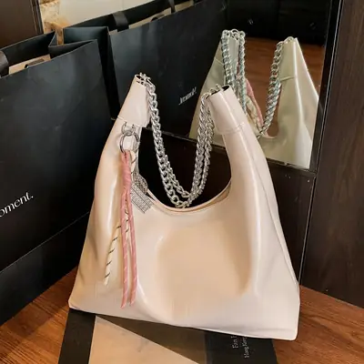 Large Capacity Women's White Leather Tote Bag with Chain Strap