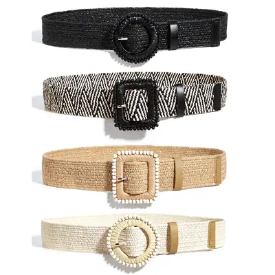 Women's Decorative Belt with Round Square Buckle Black Gold Beaded