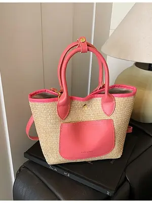 Women Straw Tote Bag Pink Red 2025 New Fashion