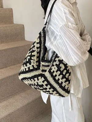 2025 Woven Hollow Shoulder Bag for Women Black White