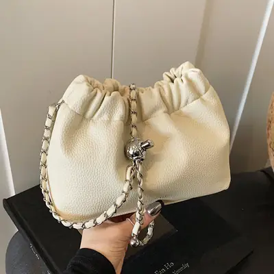 Women's Cream Bucket Bag with Chain Strap