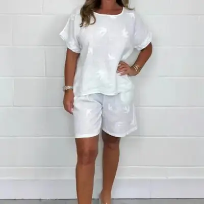 Women's 2025 Printed White Casual Suit Set