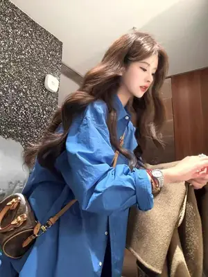 Korean high-end blue shirt jacket women's spring and summer loose long sleeve temperament lazy wind shirt wholesale
