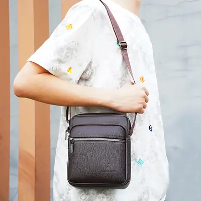 Men's Pebbled Leather Crossbody Bag Black Multi-Compartment