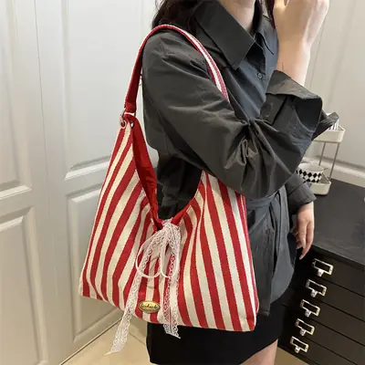 Summer Striped Canvas Tote Bag Double Sided Commuter Shoulder Bag