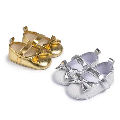 Silver Bow Baby Shoes for Toddler Girls Anti-Slip Soft Sole