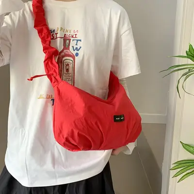 Red Pleated Women's Shoulder Bag 2025 Casual Large Capacity