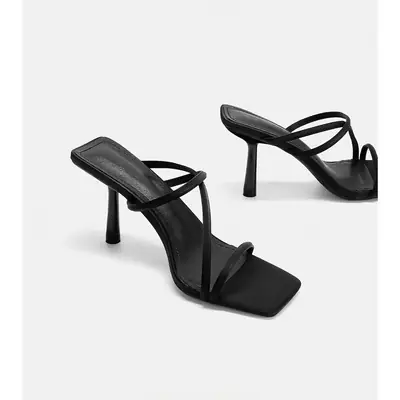 Black Square Toe Stiletto Sandals Women Summer