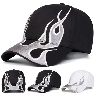 Kanye Flame Embroidered Baseball Cap Black Silver White