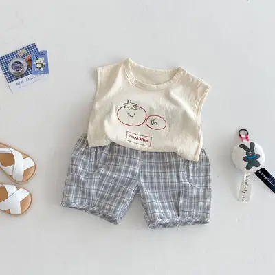 Kids Cartoon Vest & Plaid Shorts Set Summer Boys