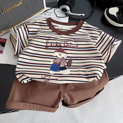 Kids Stripe T-Shirt Brown Striped Cotton Crew Neck Set