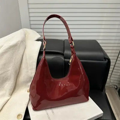 Glossy Red Patent Leather Shoulder Bag for Women