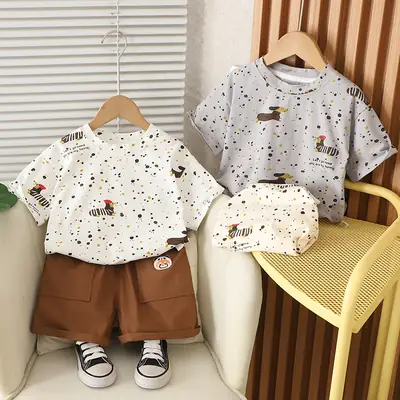 Boys 2025 Summer T-Shirt Shorts Set White Brown